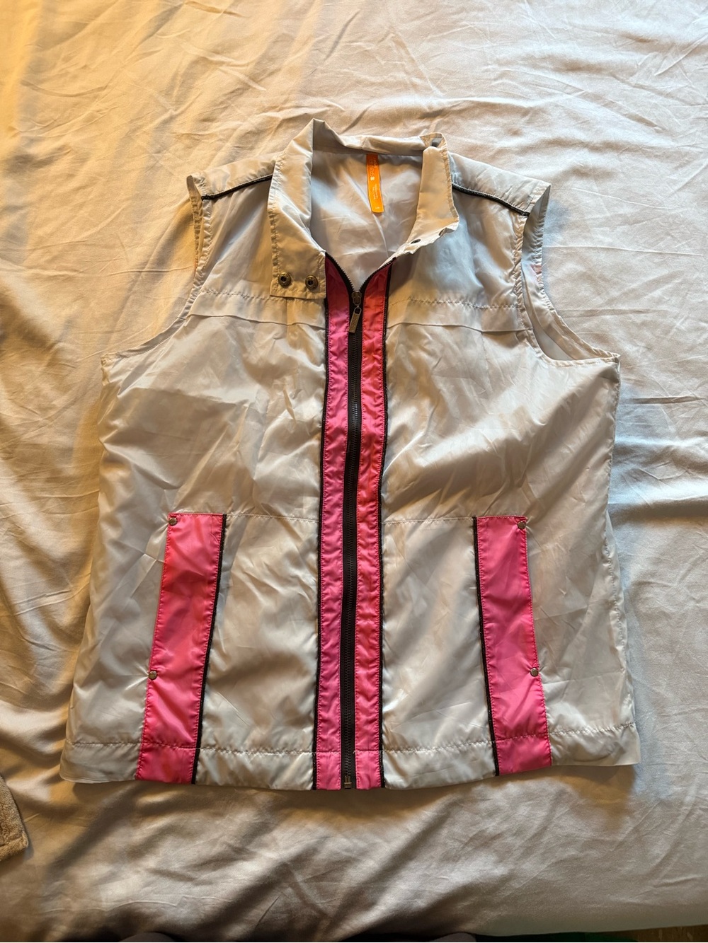 Light Gray Sleeveless Vest with Pink Trim - Women’s Jacket & Coat